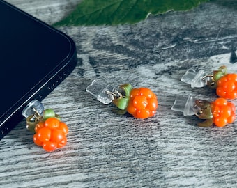 1 piece dust plug with polymer clay cloudberries for the charging port of the mobile phone, decorative and protective
