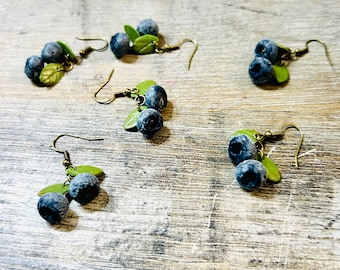 Blueberry Duo Earrings, Dangle Earrings, Fruit Earrings, Forest Fruit Jewelry, Blue Earrings, Polymer Clay Jewelry, Berry Earrings, Fimo Jewelry