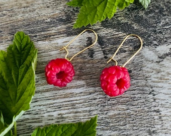 Pendientes de frambuesa, pendientes de frutas, joyería de frutas del bosque, pendientes rojos, joyería de arcilla polimérica, pendientes de bayas, joyería Fimo