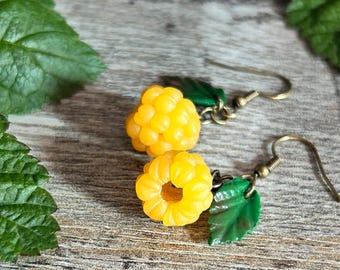 Yellow Raspberry Earrings Hanging, Fruit Earrings, Forest Fruit Jewelry, Yellow Earrings, Polymer Clay Jewelry, Berry Earrings, Fimo Jewelry