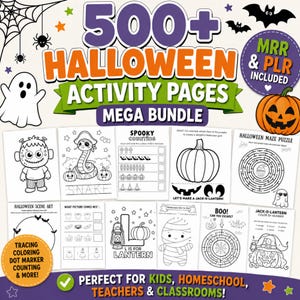 May include: A digital collection of 500+ Halloween activity pages featuring black and white illustrations of ghosts, pumpkins, bats, and spiders. The bundle includes mazes, counting exercises, dot-to-dot, and coloring pages with text labels.