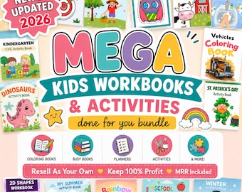 Può includere: Un pacchetto digitale di quaderni di esercizi e attività per bambini con copertine colorate su temi come dinosauri, animali della fattoria, veicoli e argomenti stagionali. Il testo centrale recita MEGA KIDS WORKBOOKS & ACTIVITIES con un badge 2026.