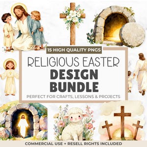 Kristen påsk Clipart-paket | Akvarell Jesus, Lamm, Kors, 15 PNG digital nedladdning, MRR