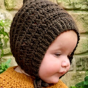 May include: A dark brown, crocheted baby bonnet with a pointed top and ties. The bonnet is worn over a mustard yellow crocheted sweater. The background features a stone wall and greenery.