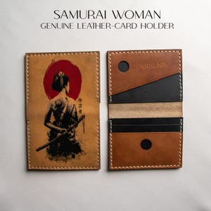Porte-cartes fin en cuir - Design femme samouraï - Portefeuille minimaliste - Porte-cartes de visite - Porte-cartes unisexe - Cadeau pour lui - Cadeau pour elle