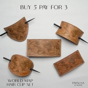 Leren haarklem - vintage design - leren haarspeld - dik of dun haarspeldje - cadeau voor haar - wereldkaartthema - 5 betalen 3 betalen