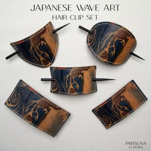 Handmade Leather Hair Stick - Japanese Wave Art Design - Hair Accessory for Women - Handcrafted Barrette - Nature Themed - Hair Jewelry Gift