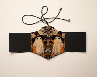 Leather Corset Belt: Halloween Ghost Print, Elastic Back - Fits XL