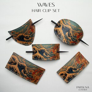 Handmade Leather Wave Hair Clip Set: Ocean Art Barrette