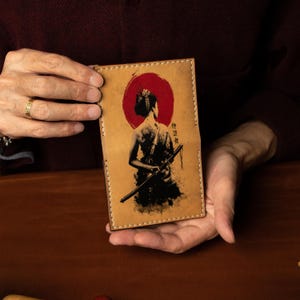 Portefeuille en cuir minimaliste pour homme - Design femme samouraï - Portefeuille minimaliste - Porte-cartes de visite - Porte-cartes unisexe - Cadeau