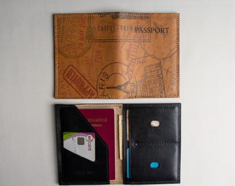 Funda de cuero para pasaporte - Porta pasaporte - Billetera de viaje - Estuche para pasaporte - Accesorios de viaje - Billetera de cuero hecha a mano