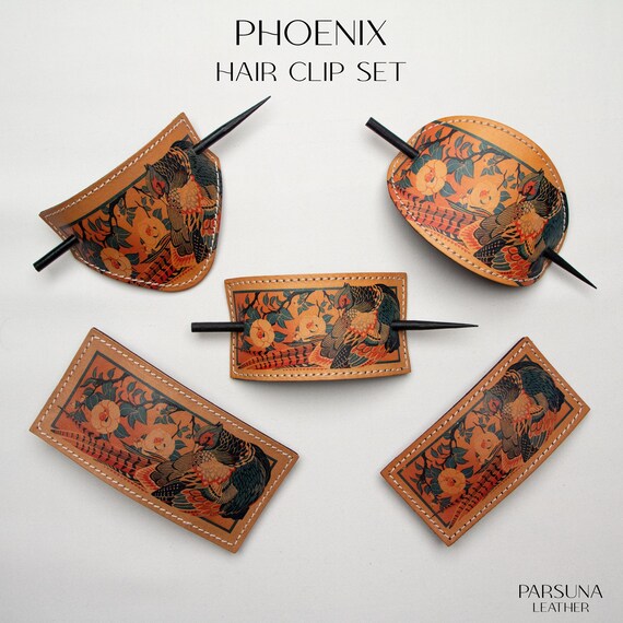 Handmade Leather Hair Clip Set: Phoenix Floral Design - Etsy  display picture 2