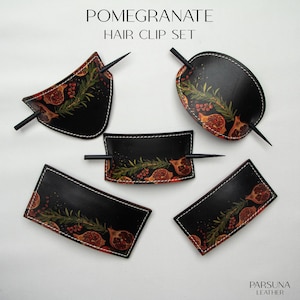 Handmade Leather Hair Clip Set: Pomegranate Design