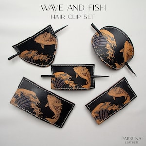 Handmade Leather Hair Stick: Wave & Fish Design Barrette