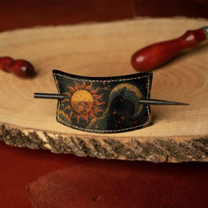 Handmade Leather Hair Stick Barrette: Sun & Moon Design