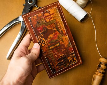 Tarjetero de cuero hecho a mano: Billetera americana Route 66