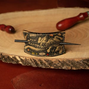 Tiger Design Handmade Leather Hair Stick - Hair Accessory for Women - Handcrafted Barrette - Animal Themed Hair Jewelry Gift