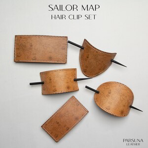 Handmade Leather Hair Clip Set: Sailor Map Design