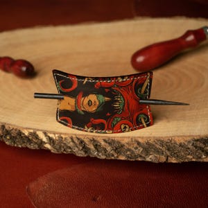 Leather Hair Stick Barrette: Woman and Monster Design, Handcrafted Hair Accessory