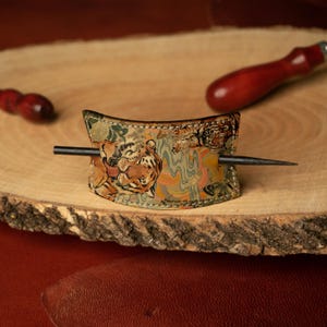 Cute Tigers Design Handmade Leather Hair Stick - Hair Accessory for Women - Handcrafted Barrette - Animal Themed Hair Jewelry Gift