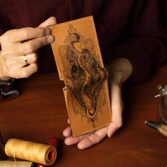 Handmade Leather Wallet: Eternal Balance Skull & Bird Design