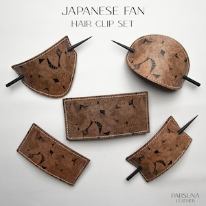 Japanese Fan Design Handmade Leather Hair Stick - Hair Accessory for Women - Handcrafted Barrette -Landscape Themed Hair Jewelry Gift