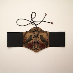 Leather Corset Belt: Crow & Roses Gothic Underbust - Fits Up to XL