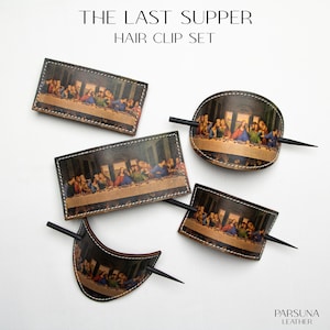 Handmade Leather Hair Clip Set: &quot;The Last Supper&quot; Artistic Design