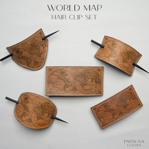 World Map Design Handmade Leather Hair Stick - Hair Accessory for Women - Handcrafted Barrette - Explorer Spirit Hair Jewelry Gift