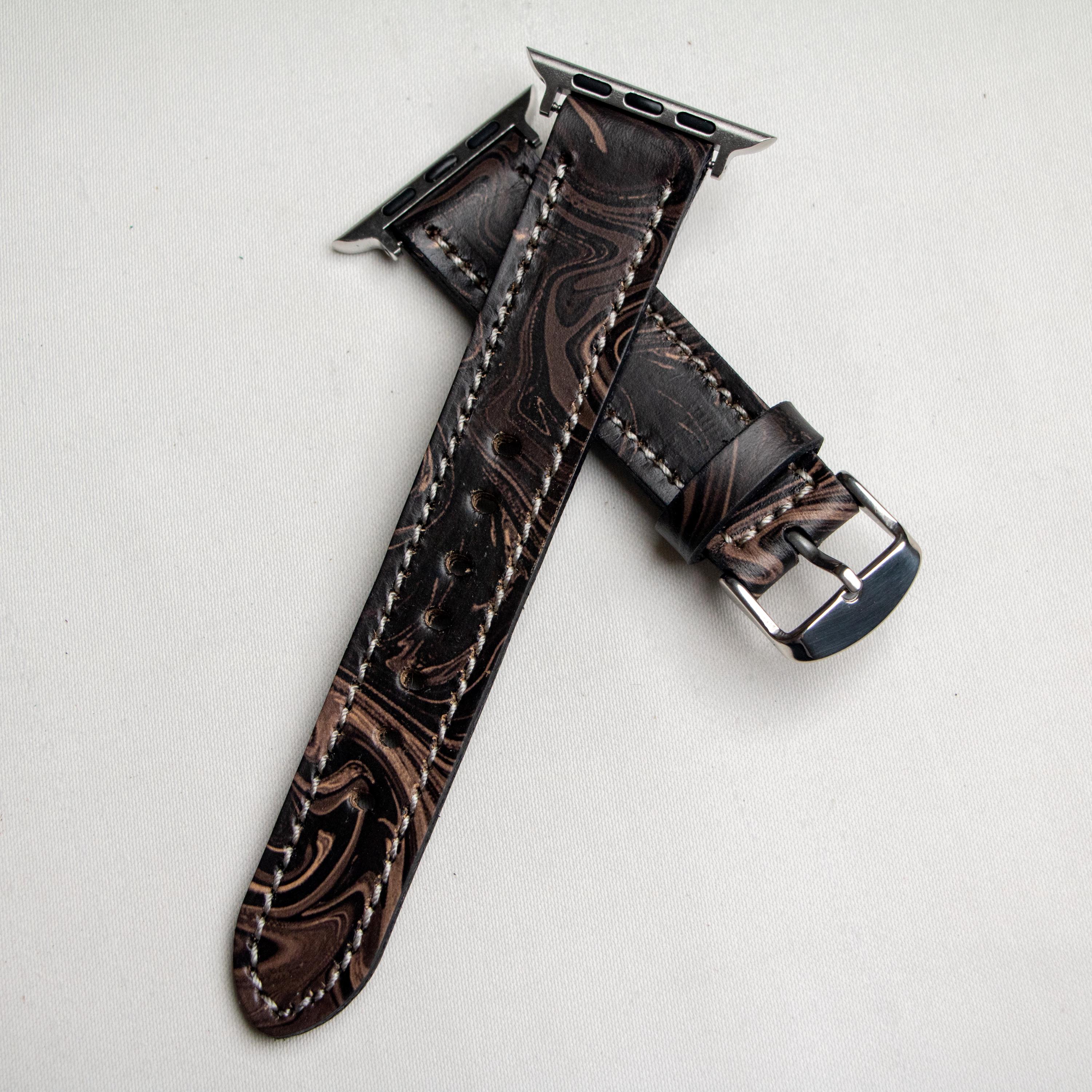 Black Marble Leather Apple Watch Band - Handmade Strap