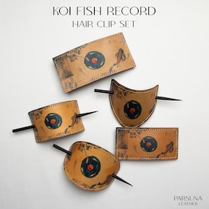 Handmade Leather Hair Clip Set: Koi Fish Record Design