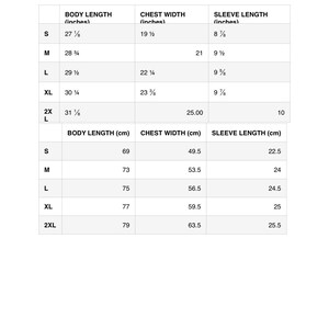 May include: Size guide chart for a shirt with measurements in inches and centimetres. The chart shows the body length, chest width, and sleeve length for sizes S, M, L, XL, and 2XL.