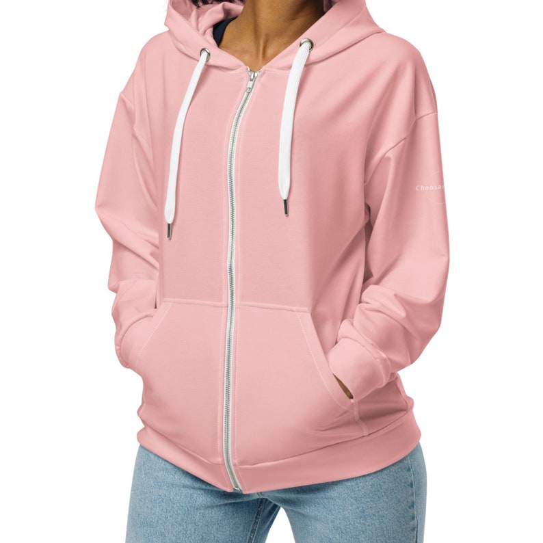 Sweat à capuche zippé écologique pour femme Sweats à capuche roses à la mode Cadeaux écologiques Sweat à capuche mignon Vêtements écologiques Cadeaux durables image 1