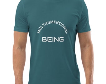 May include: Teal blue t-shirt with white text that reads "Multidimensional Being" in an arc.