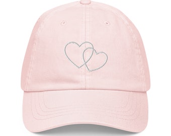 Pink Heart Baseball Hat – Cute Women’s Cap, Adjustable Chino Cotton Hat, Summer Outfit Accessory, Pastel Pink Dad Hat, Embroidered Heart Cap
