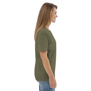 May include: A plain olive green t-shirt with short sleeves. The t-shirt is made of a soft, comfortable fabric.