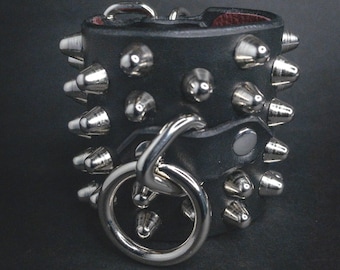Spiked Leather Cuff Bracelet with O-Ring, Punk Rock Goth Wristband