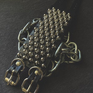 May include: A black leather collar with silver metal studs and two buckles. The collar is attached to a silver chain.