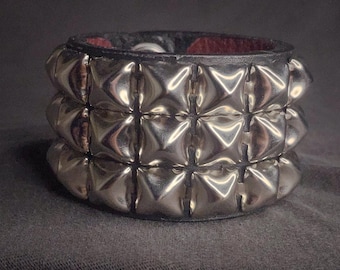 Pyramid studs three row studded leather bracelet cuff