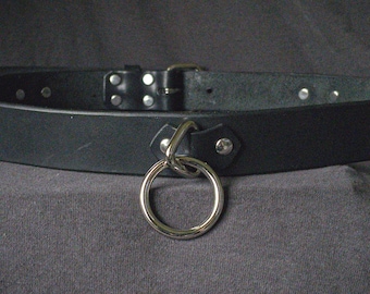 May include: A black leather collar with a silver-colored metal ring and hardware. The collar has a buckle closure and two D-rings on either side. The collar is shown on a dark gray surface.