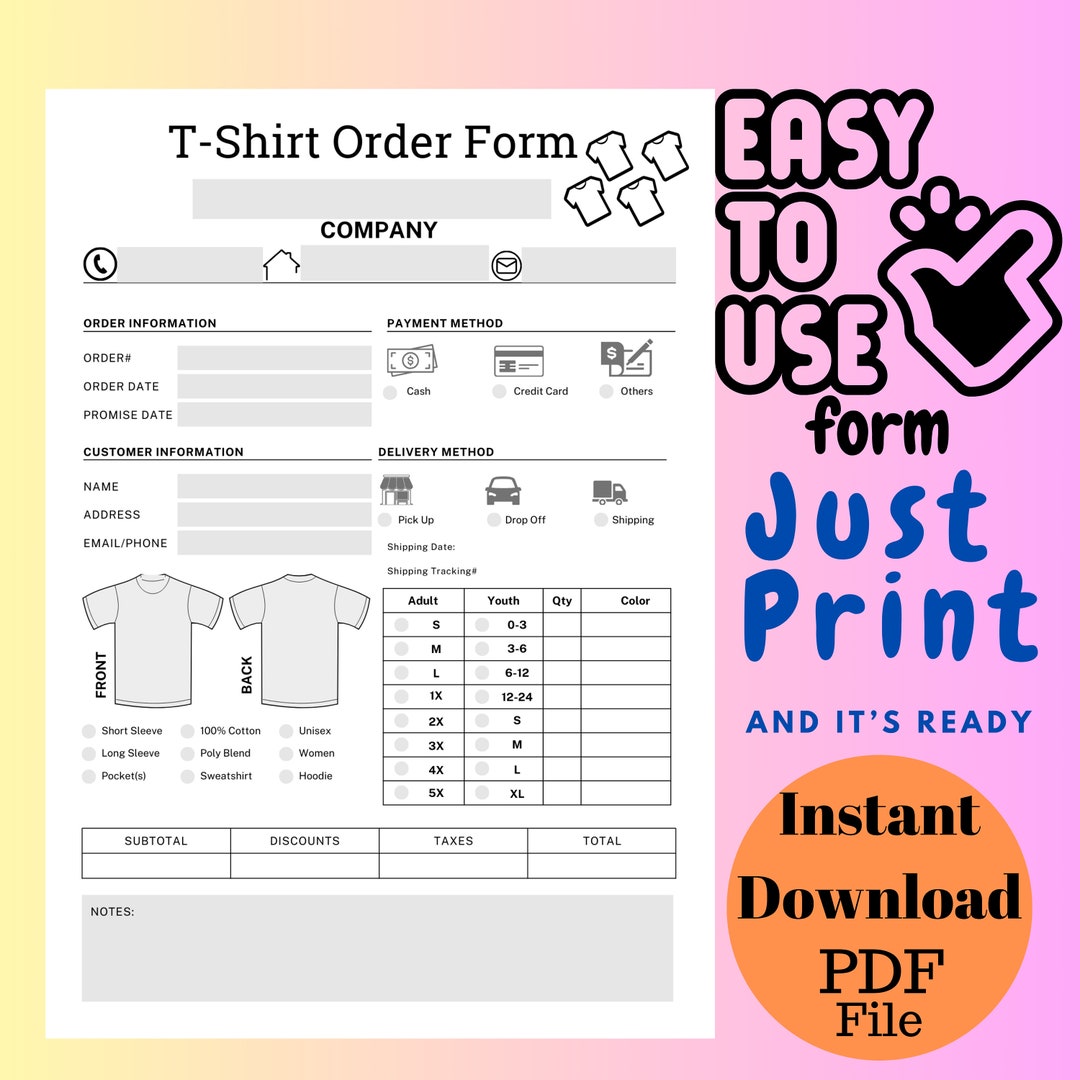 Easy to Use T Shirt Order Form. Digital Print PDF for Order Etsy