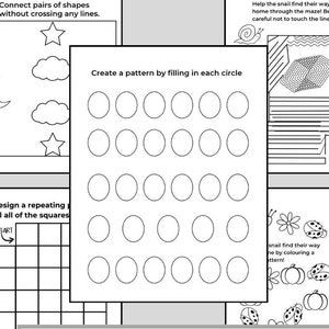 May include: Black and white printable activity sheets for adults with the title "Perfectionism - OCD Patterns, Mazes, and Puzzles". The sheets feature a variety of puzzles and mazes, including a connect-the-dots puzzle, a pattern-filling activity, and a maze. The text "OCD Exposure Activity Sheets" is at the bottom of the page.