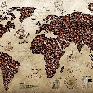 Weltkarte Tapete mit Kaffeebohnen Muster-3D Weltkarte Tapete-Büro Dekor Landkarte Wandbild-Kaffee unter dem Motto Wand dekor-braune Töne Weltkarte