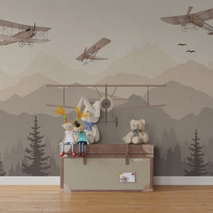 Airplanes Over Forest Wallpaper, Nursery Wall Mural , Peel and Stick Wallpaper