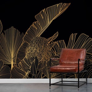Decorazione soggiorno botanica - vecchio murale nero con dettagli in oro - parete con dettagli in oro - foglia d'oro dettagliata - carta da parati nera - soggiorno