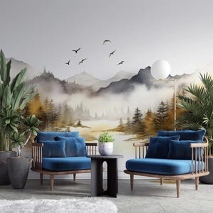 Papel de parede com floresta de pinheiros amarelos e paisagem montanhosa com neblina - papel de parede com pintura de natureza outonal - pôster de parede com tema de natureza - parede com paisagem pacífica
