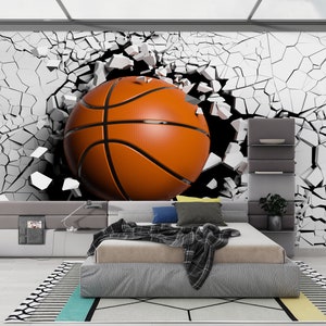 Carta da parati con palla da basket, poster da parete sportivo in 3D, carta da parati estetica adesiva con palla da basket, carta da parati per camerette, carta da parati per camerette per adolescenti