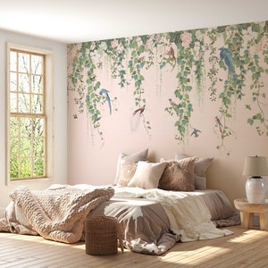 Carta da parati con fiori colorati Boho - carta da parati con uccelli tropicali e fiori - carta da parati con fiori e foglie sospesi botanici - carta da parati per camera da letto