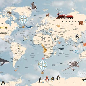 explorateurs parcourant le monde dans des tons bleus, papier peint carte du monde - carte du monde bleue et animaux vivant sur les continents papier peint - carte du monde bleu