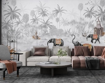Indian Elephants Wallpaper: Vintage Style Peel and Stick Wall Mural